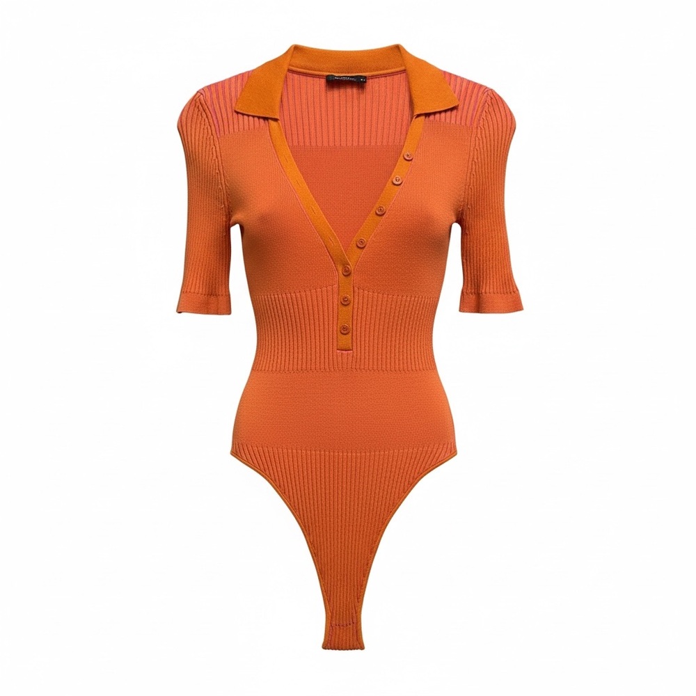 Jacquemus ✨Ribbed Knit Bodysuit Orange Polo Neck Fitted Designer Top